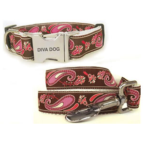 small dog collar harness & leash - brown and pink paisley